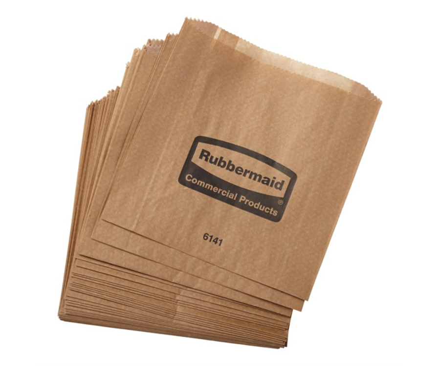 A stack of brown paper bags with printed text on the front, arranged neatly in a pile. Rubbermaid® Waxed Bags for Sanitary Napkin Receptacle (8.75 in. x 8.5 in. x 2.75 in., 250/Case)